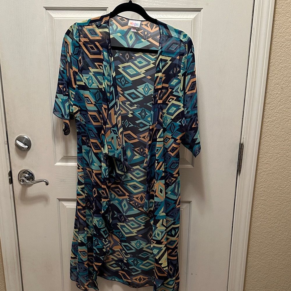 LuLaRoe Geometric Patterned Kimono - Blue and Tan